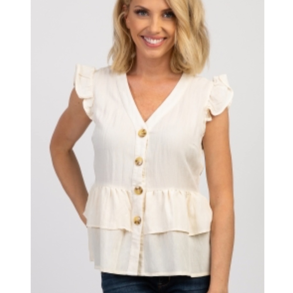 Pinkblush Ivory button down tiered ruffle hem top